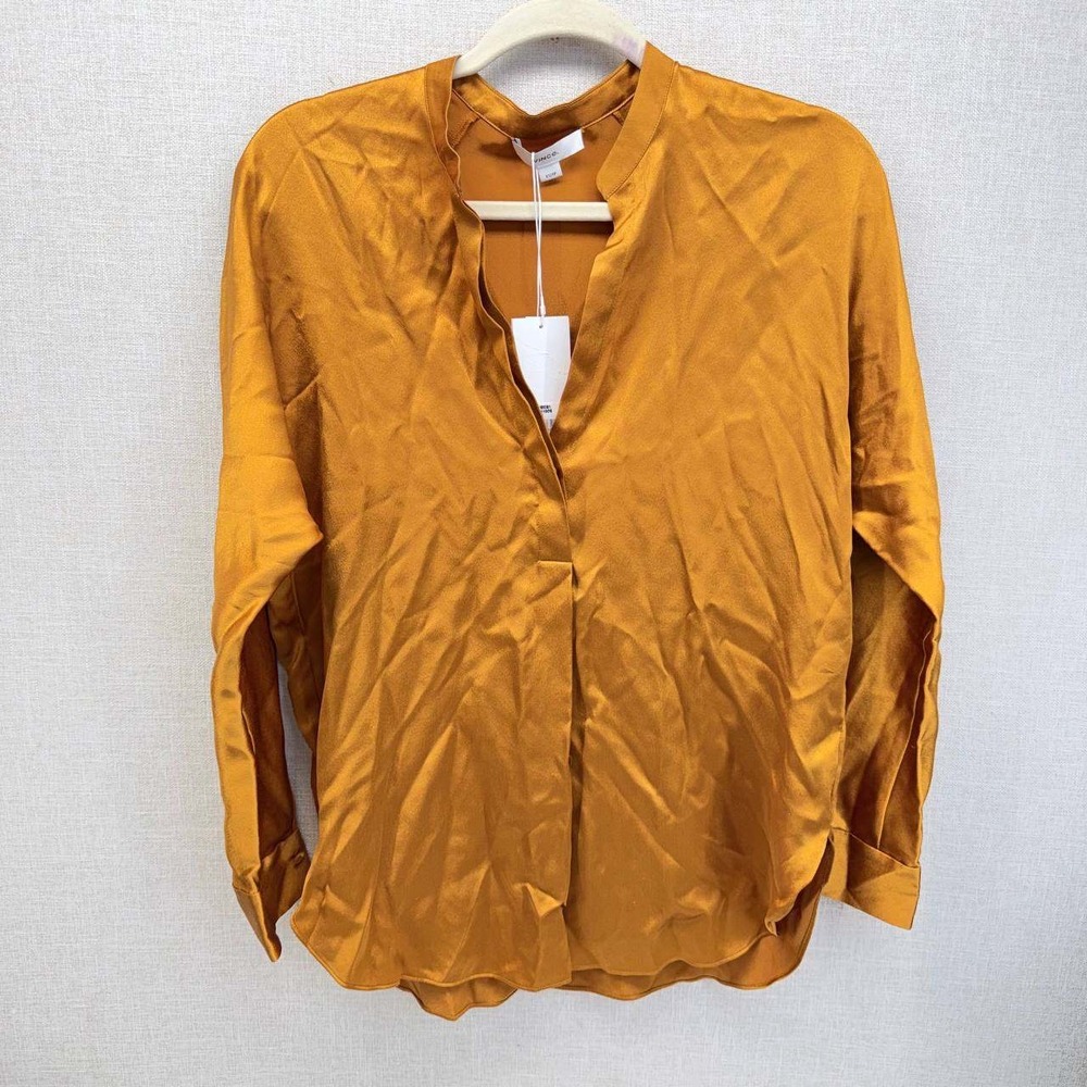 Vince Marigold Yellow Satin V-Neck Blouse New XS V88081 71100S